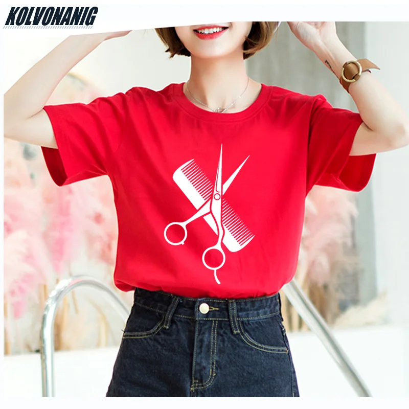 

Hip-Hop Simple Splicing Casual T-Shirts Women Gift Tee Tops Hairdresser Stylist Scissors Comb Print O-Neck Short Sleeve T Shirts