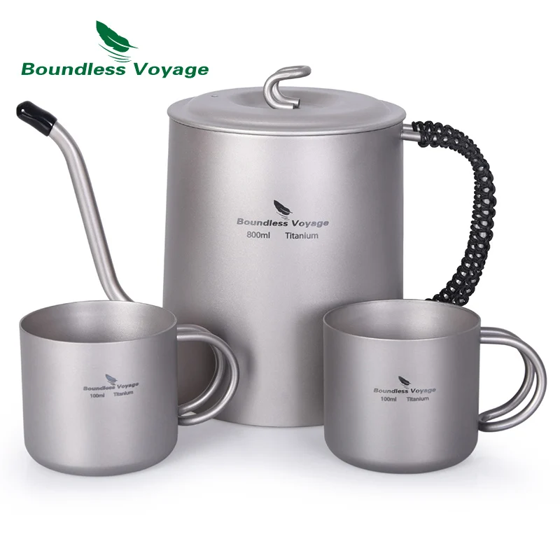 

Boundless Voyage 800 ml Titanium Kettle Cup Set with Anti-scalding Handle Outdoor Camping Wine Coffee Tea Pot Mess Kit