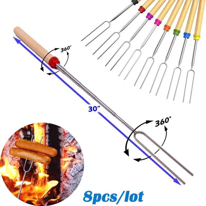 8 шт./компл. Зефирные палочки 32 дюймов выдвижные вилки для барбекю костер из нержавеющей стали