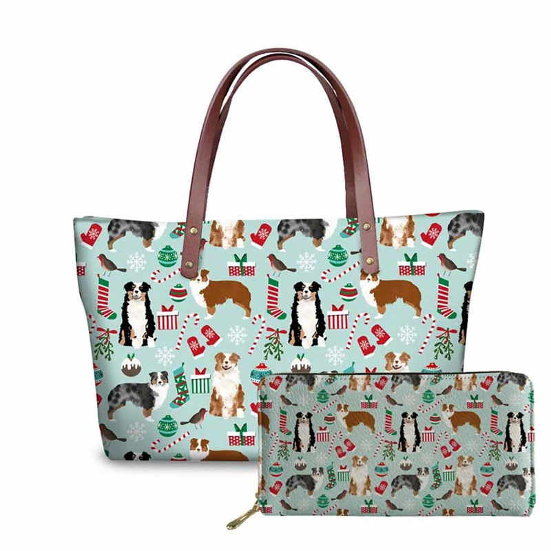 

NOISYDESIGNS Women Bag Australian Shepherd Printing Shoulder Bag Female Large Casual Tote Top-handle Bags Purse 2pcs/set Handbag