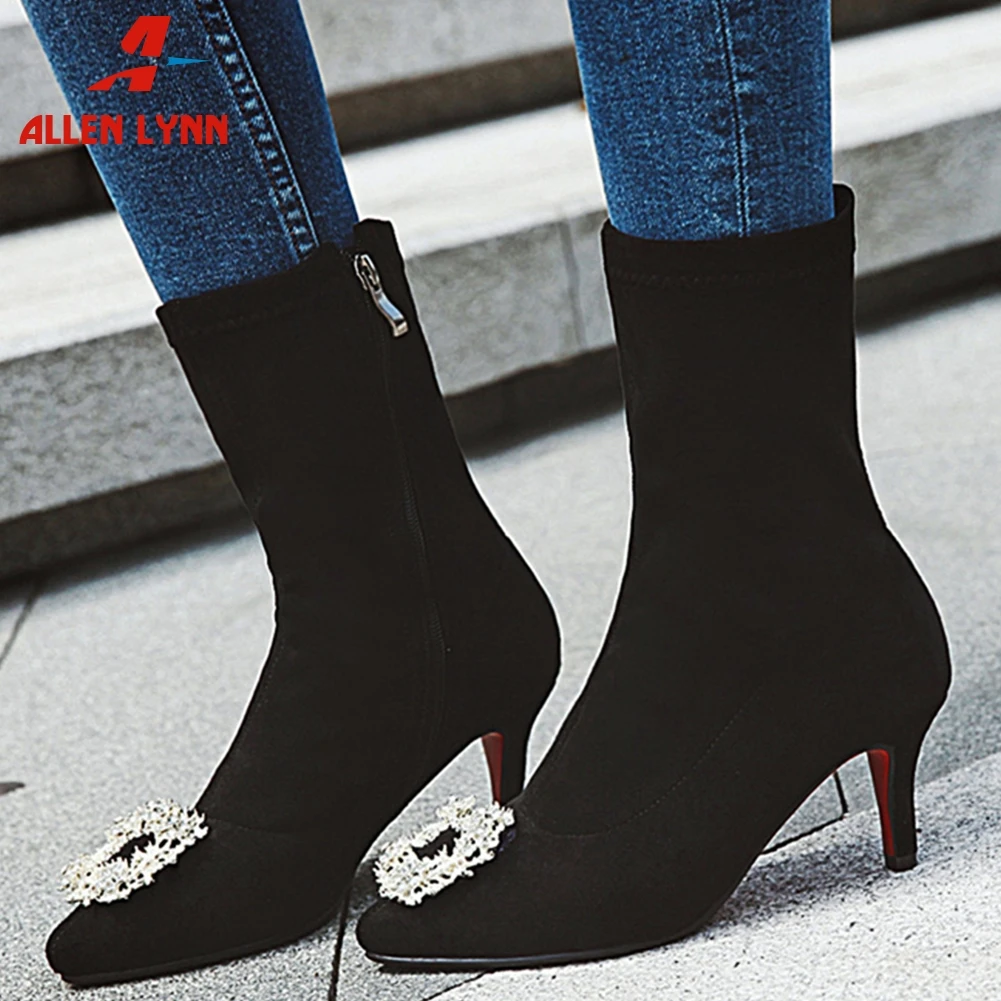 

ALLENLYNN New Elegant Solid Ankle Boots Women 2019 Large Size 32-43 Metal Decorating Booties OL Thin High Heels Shoes Woman