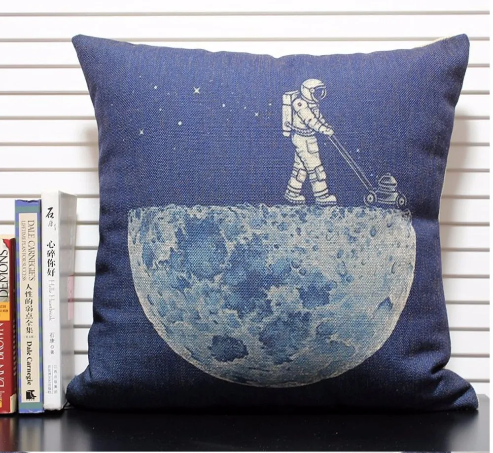 

Modern Design Space Cleaner Astronaut Linen Cushion Cover Blue Throw Pillow Case Decorative Cushion Cases Gift Home Decor 18"