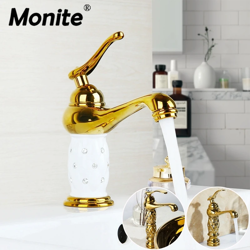 Monite Luxury Golden Plated Bathroom Basin High Short Diamond Polish Faucet Deck Mounted 1 Handle Sink Faucets Mixer Tap