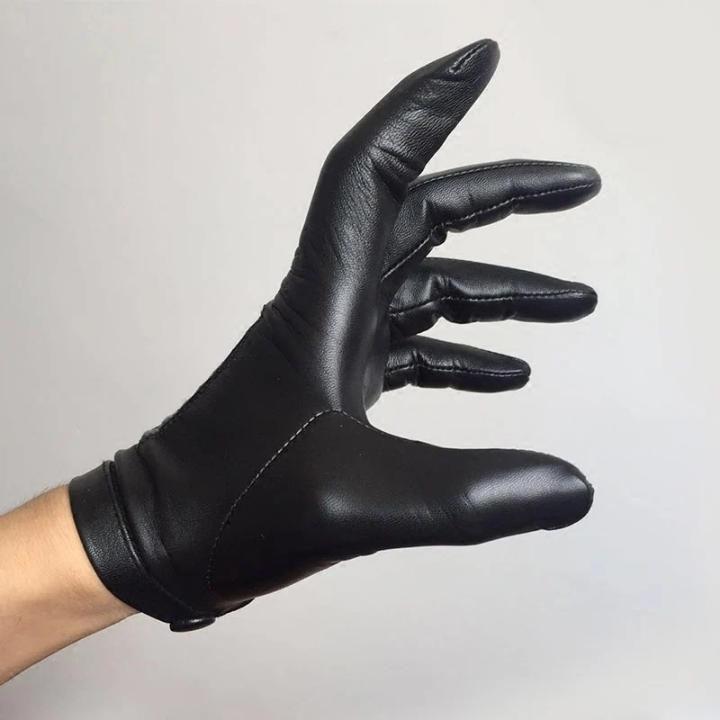 Calharmon men one whole piece of leather wrist button top leather gloves black