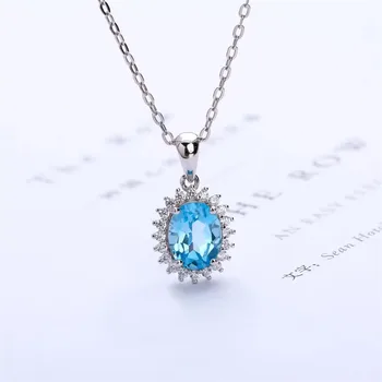 

gemstone jewelry factory wholesale SGARIT brand oval white gold 925 sterling silver natural blue topaz crystal pendant necklace