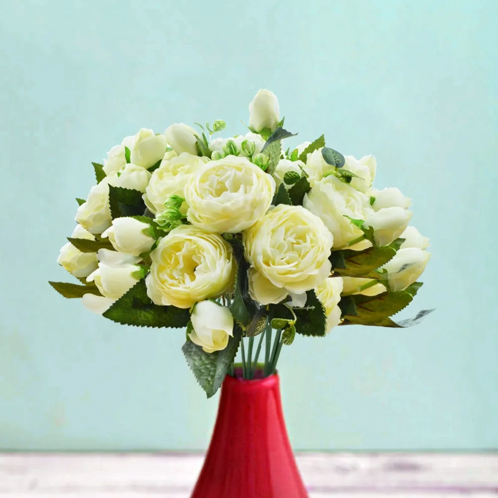 

HOME GIFTS Artificial Flowers 4pcs Fake Vintage Ivory Peony Rose Flowers Bouquet Kitchen Garden Wedding Floral Decor