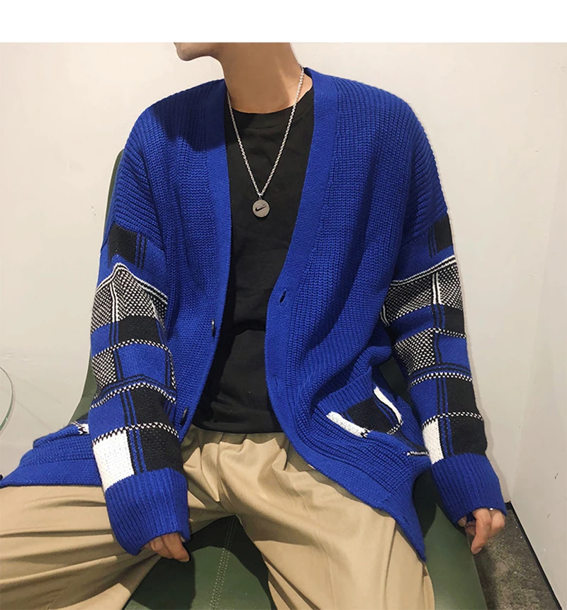 Korean Oversized Sweater Cardigan Men Plaid  (32)
