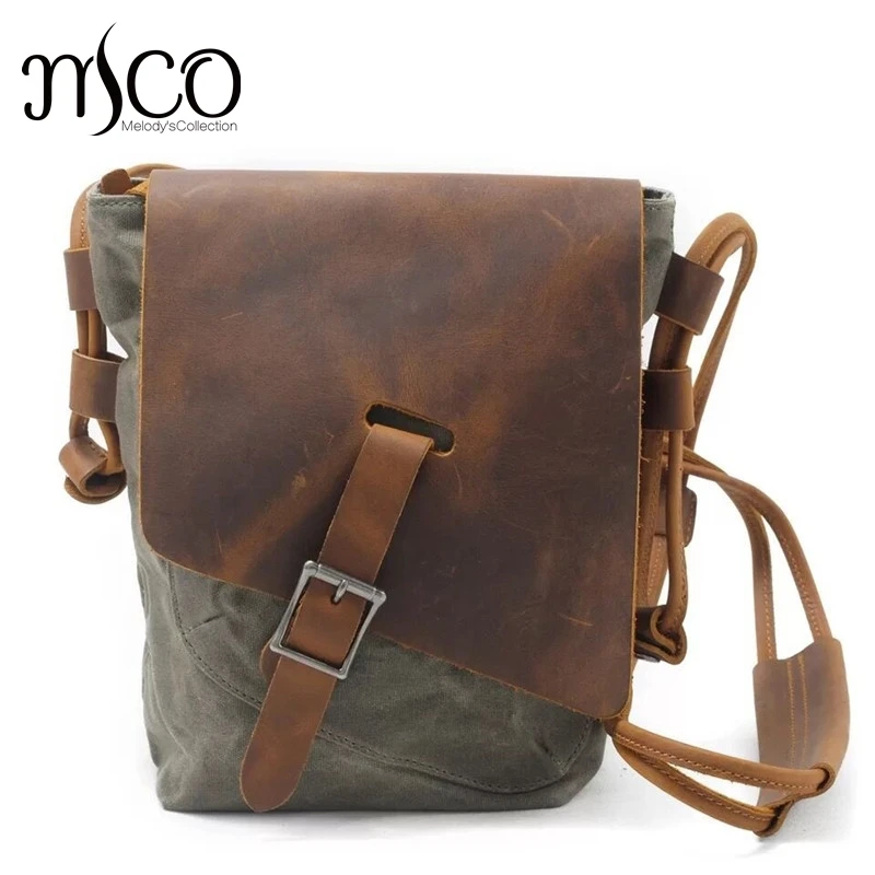

Military Waterproof Men Canvas Bag Casual Travel Small Shoulder Bag Vintage Crazy horse Leather Crossbody Men Messenger Bags