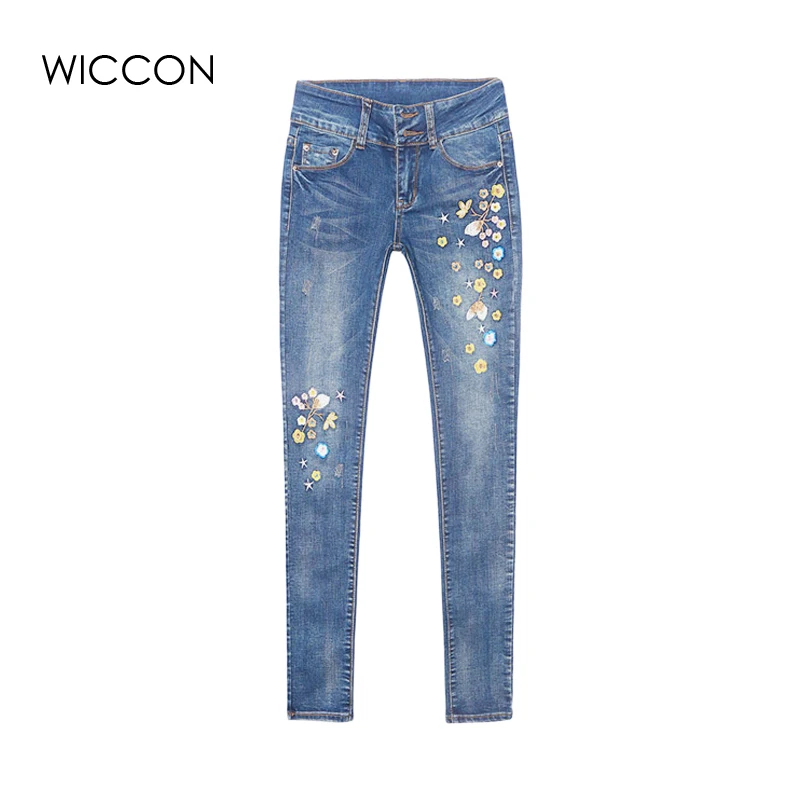 Осенние женские джинсы с цветочной вышивкой Pantalon Femme женские джинсы облегающие, брюки зимние джинсовые штаны джинсы-Карандаш Стретч WICCON