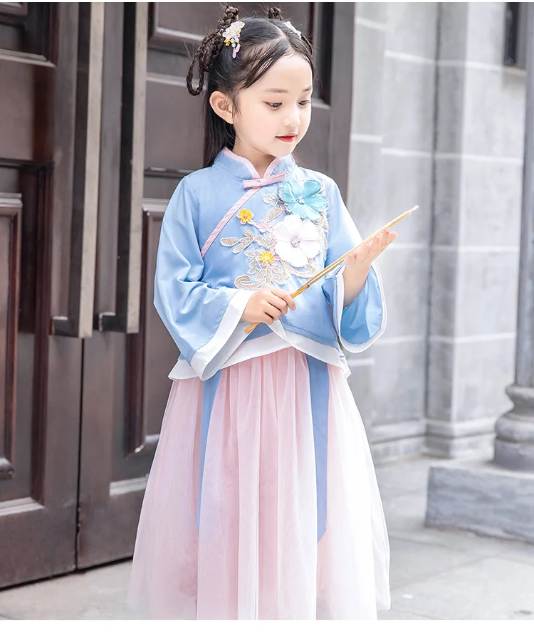 Hanfu/комплект одежды для девочек, осень года, китайский стиль, топ с цветочным принтом для маленьких девочек+ юбка, костюм из двух предметов для девочек, Детский костюм, От 3 до 10 лет