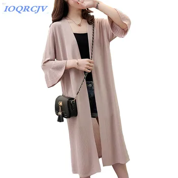 

Summer women's Linen knitted cardigan sun protection clothing Thin sweater Flare Sleeve Loose female Long jackets IOQRCJV N142