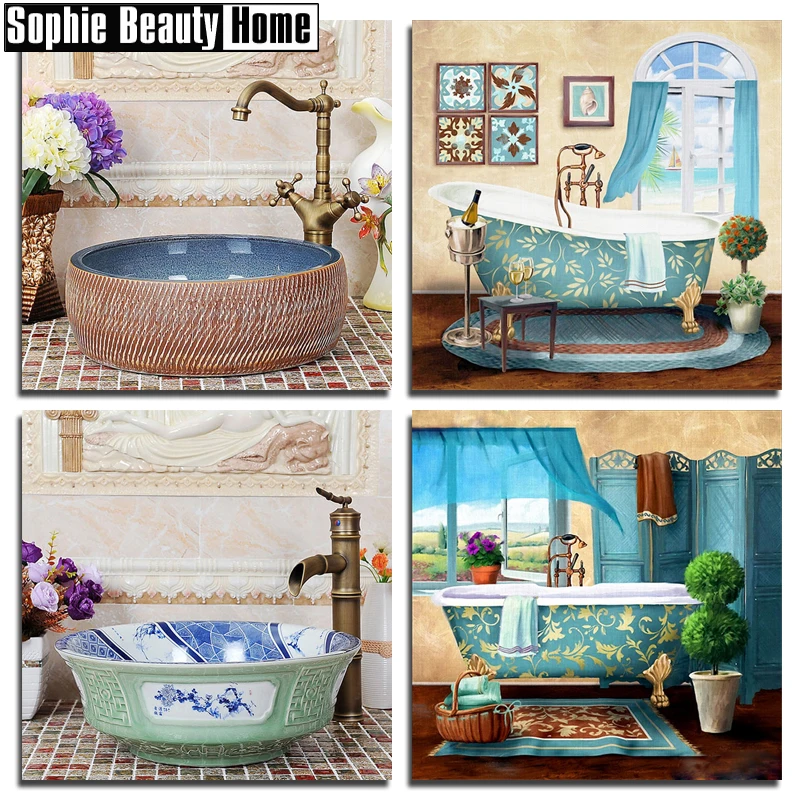 

Full Drill Diamond 5D DIY Diamond Painting Bathroom Decoration Diamond Embroidery Cross Stitch Rhinestone Mosaic Patterns 060907