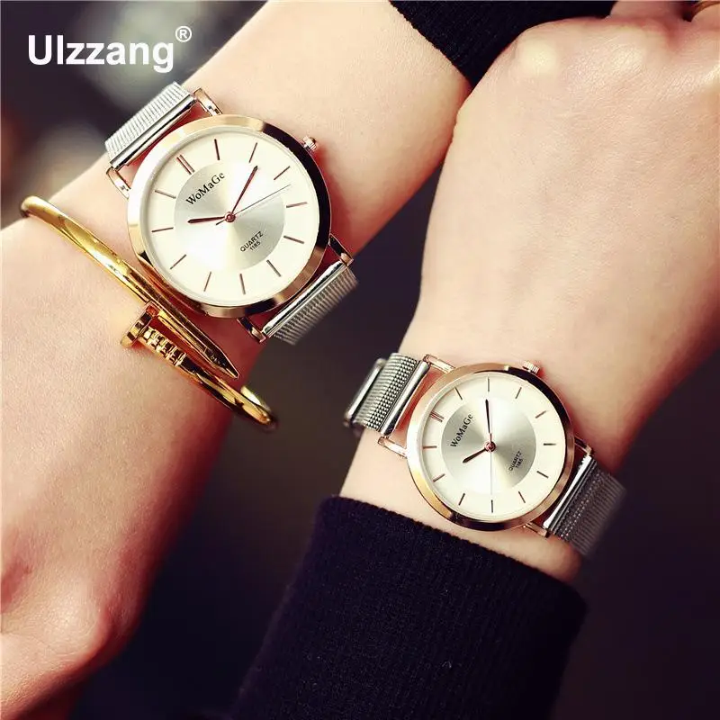 

Hot Womage Brand Gold Silver Stainless Steel Web Stap Dress Quartz Watch Wristwatches for Women Men