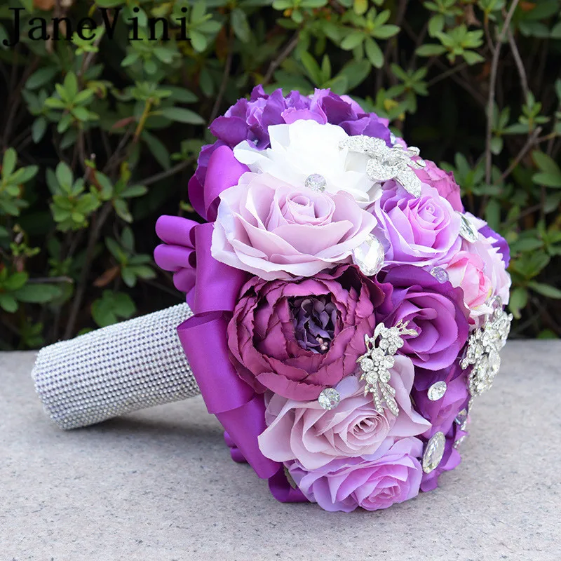 JaneVini фиолетовый Кристальный Свадебный букет Искусственный Пион Роза Букет невесты бабочка ювелирные изделия Свадебные букеты