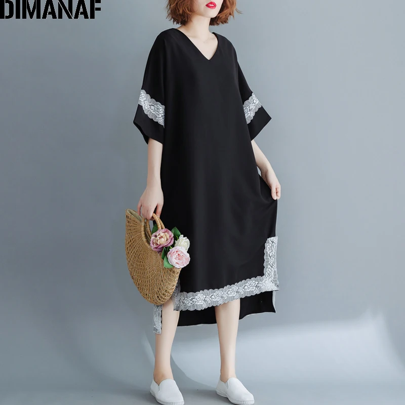 DIMANAF Plus Size Women Dress Vintage Big Size Lady Vestido Elegant Spliced Lace Summer Sundress Loose Female Clothes Black