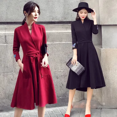 

Autumn dress women vintage elegant ball gown dress female slim embroidery v-neck sexy A-line party dress with pockets