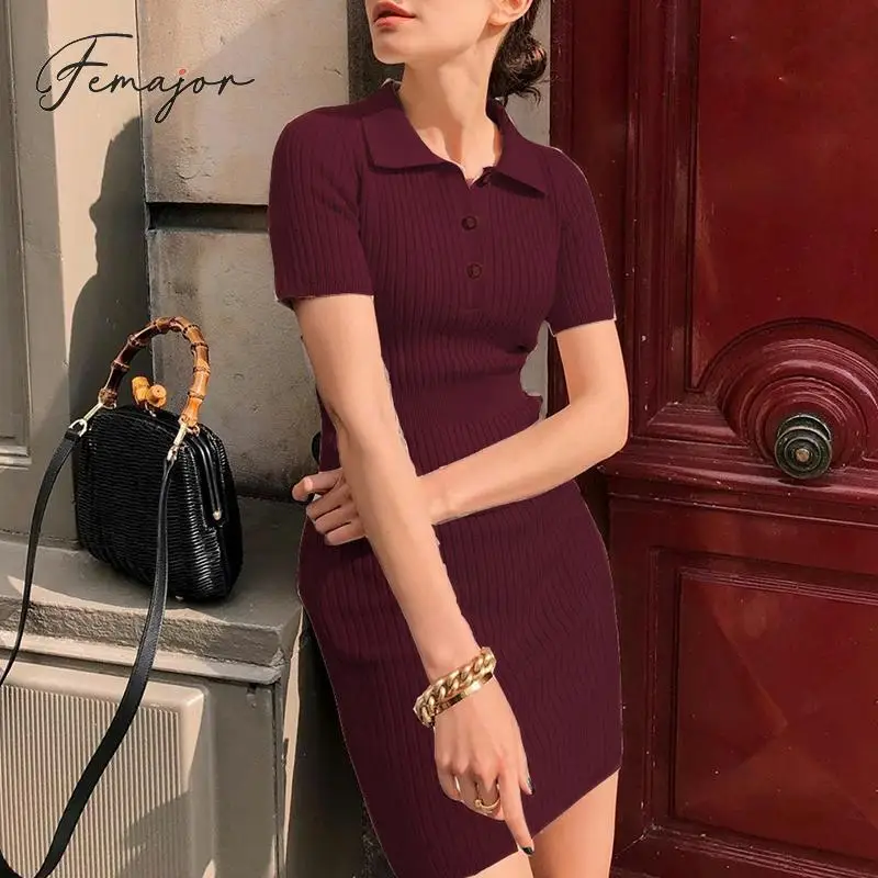 

Femajor Women Knitted Short Dress Female 2019 Autumn Winter Short Sleeves Slim Bodycon Mini Dress Polo Collar Sweater Vestidos