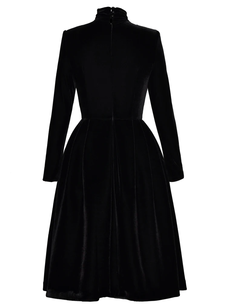 Чёрное платье пачка для женщин уличная стойка воротник длинный рукав длиной до колена А-силуэт винтажное тонкое элегантное платье Q026