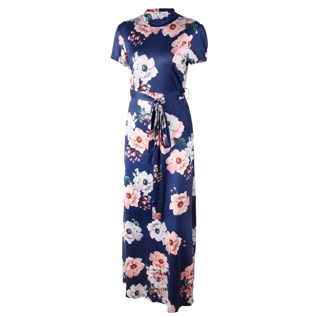 Plus Size Maxi Dress Summer Fashion Turtleneck Short Sleeve Floral Print High Waist Lace Up Belts Long Sundress Vestidos Mujer