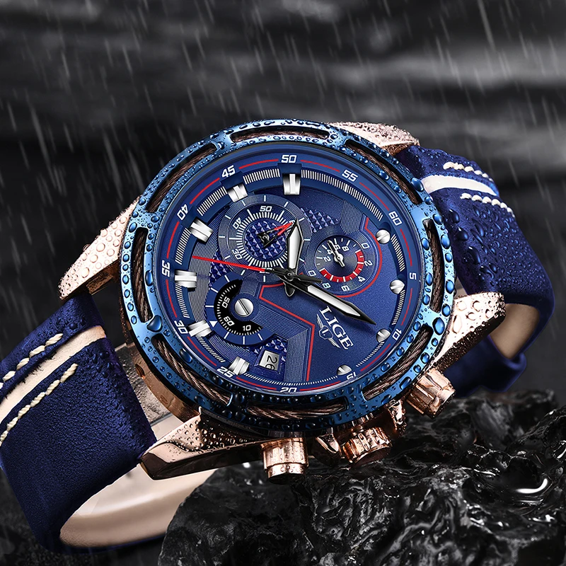 Lige Watch Men Fashion Sport Quartz Clock Leather Mens Watches Top Brand Luxury Blue Waterproof Bus-5