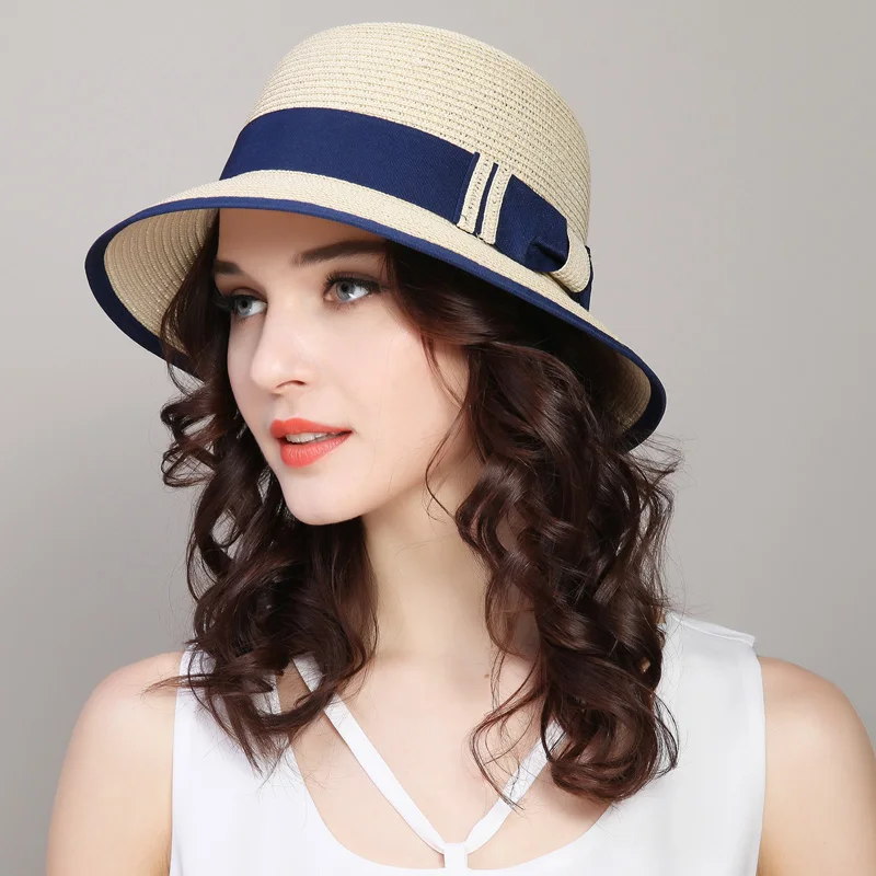 Новое поступление, летняя соломенная Солнцезащитная шляпа для девочек, модная шапка с козырьком, кепка для студентов, для улицы, Солнцезащитная пляжная кепка с бантом, шляпа для отдыха, B-7865 - Цвет: Бежевый