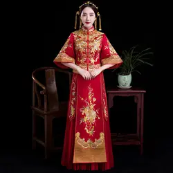 Китайский стиль свадебное платье свадебное вышивка cheongsam элегантный тост костюмы за рубежом традиционные невесты Qipao платья для женщи