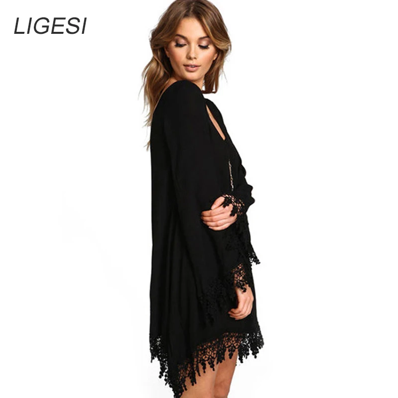 Baratos 2016 mujeres del verano de Boho de la borla Vestido corto Vestido Sexy de encaje de ganchillo Chiffion de la túnica negro Beach Dress Shirt Blusa caliente de la venta Vestido de fiesta 2016 vestidos de la playa vestido