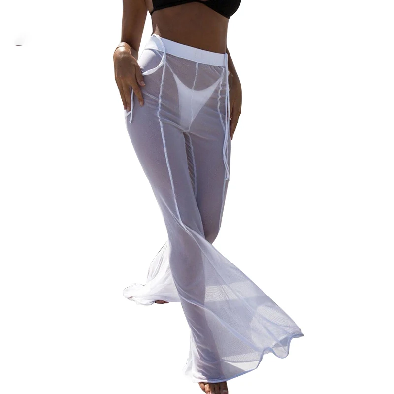 

2018 Sexy Women Mesh Flare Wide Leg Pant See Through Transparent Pants Beach Long Party Trousers Pantalon Femme Summer Loose