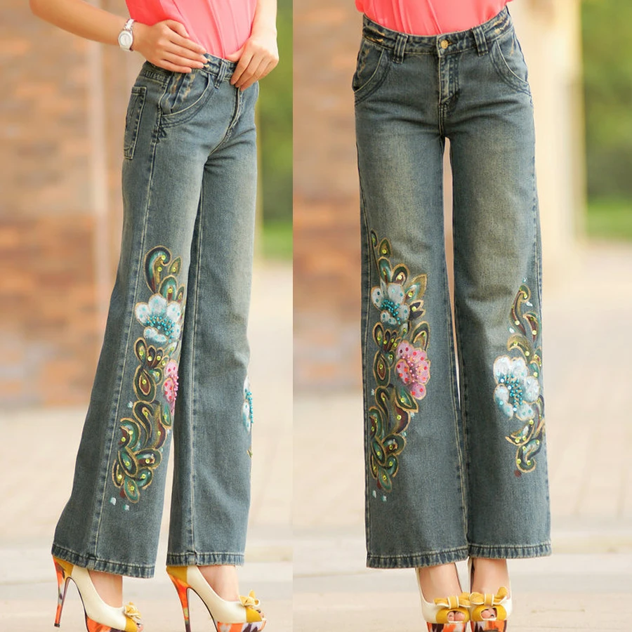 

Spring Fall Women Embroidery Flares Sequined Wide Leg Denim Trousers , Woman Painted Flower Pattern Loose Jeans Pants