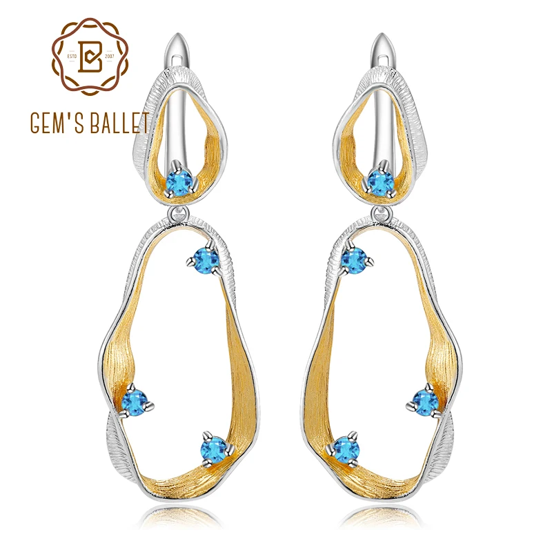 

GEM'S BALLET Natural Swiss Blue Topaz Gemstones Earrings 925 Sterling Silver Handmade Twist Statement Drop Earrings for Women