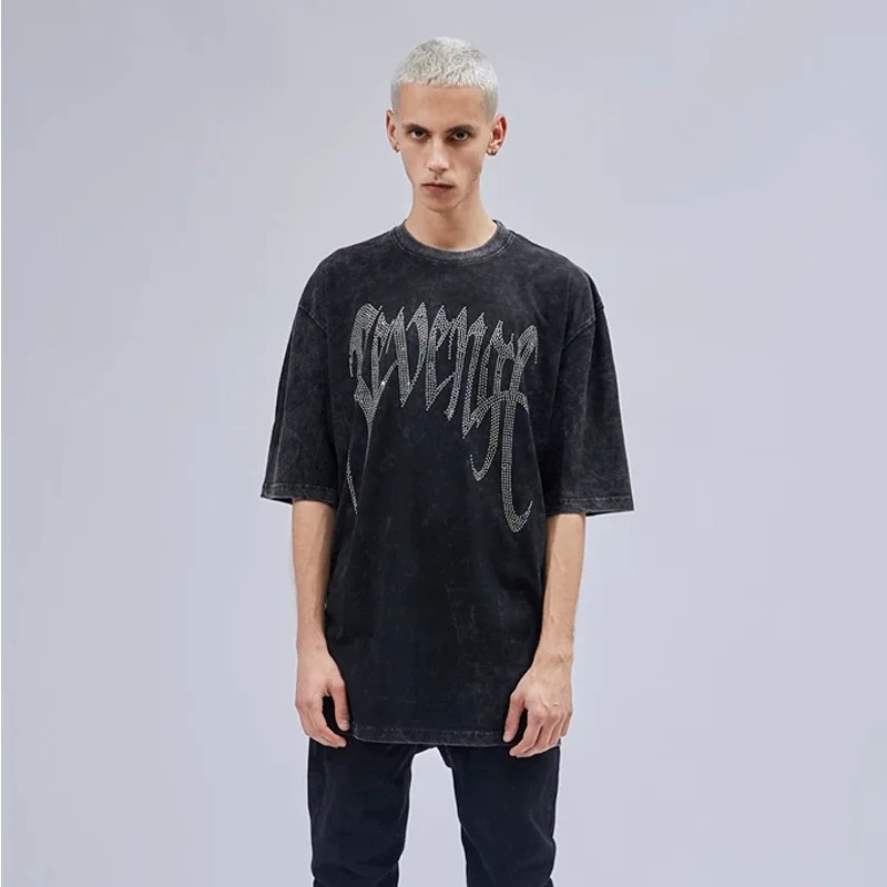 

Hip Hop XXXTENTACION Lettering Sequins T-shirt Garment-Wash Heavy Cotton Loose Tee Extended Length Tops