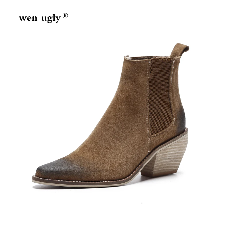 

Winter boots leather and ankle boots women's Chelsea boots 2018 new short boots autumn women's shoes retro pointed high heels