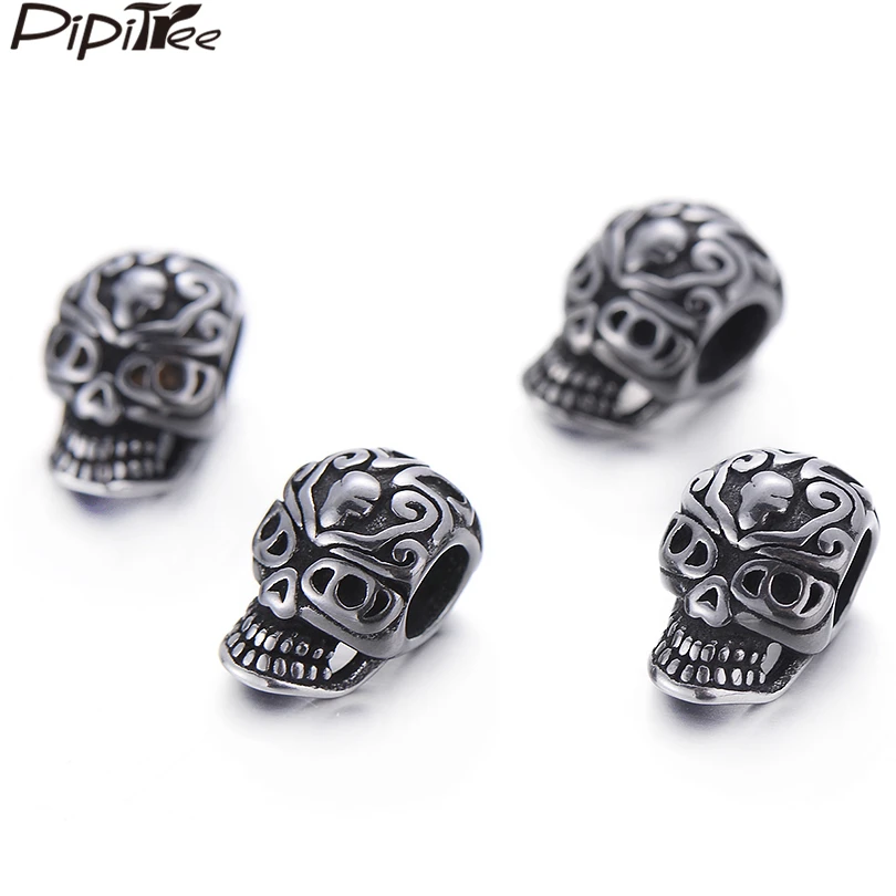 

Pipitree 4pcs/lot DIY Stainless Steel Beads fit Men Bracelet Big Hole Charms Black Vintage Skull Beads Charms for Jewelry Making