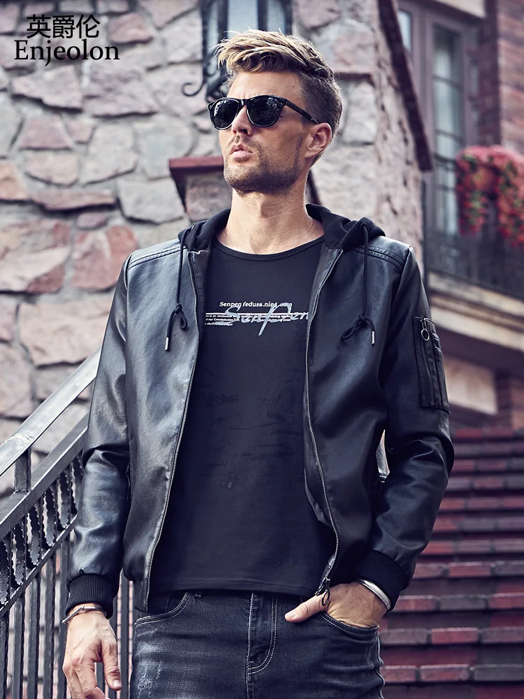 Enjeolon новый бренд PU кожаные мотоциклетные куртки с капюшоном Для мужчин осень куртка с капюшоном пальто мужской Повседневное черный