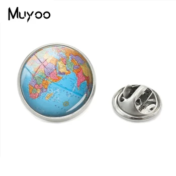 

2018 Fashion Vintage World Map Fashion Metal Pin Handmade Glass Cabochon Round Earth Lapel Pin Jewelry Collar Pin Brooches