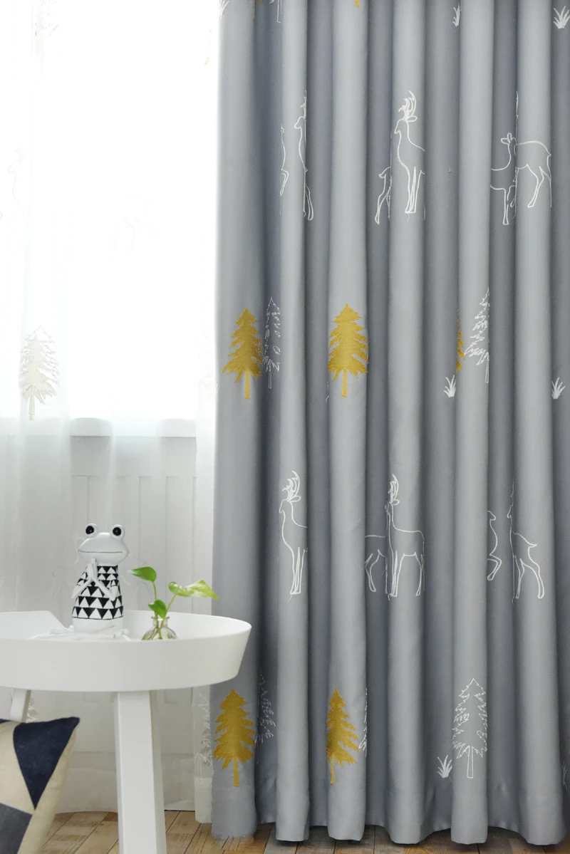 Grey Cartoon Charm Smile Face Embroidered Curtains for Kids Room Children Boys Nursery Simple Modern French Window Drapes 30