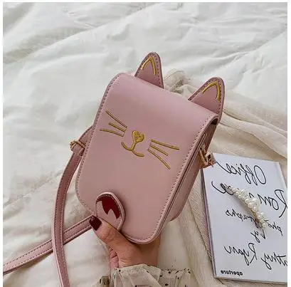 Милый вышитый Кот, Модный повседневный женский клатч на плечо, сумка для сотового телефона, мини-сумка через плечо, женская сумка с клапаном - Цвет: Розовый
