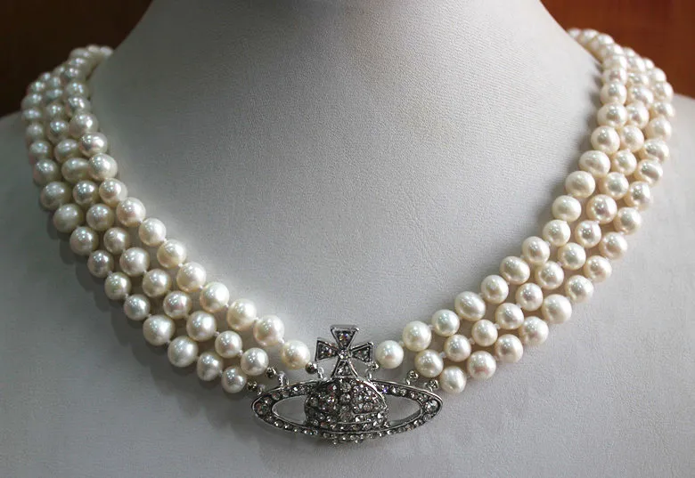 

3 rows factory price wholesales/retail noble and simply style 8mm white shell pearl necklace+silver plated crystal p pendant