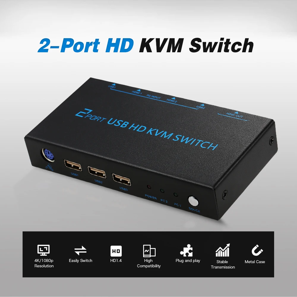 2 Port USB HD KVM Switch Supports 4K Video Resolution KVM