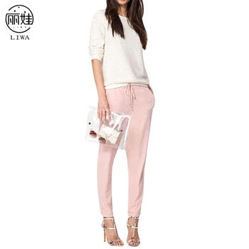 

Elastic Harem Pants For Women Chiffon Lace Up Mid Waist Long Trousers Solid Candy Color Loose Casual Women's Leggings LG33
