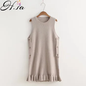 

H.SA Women Sweater Dress 2017 Sleeveless Long Knitted Sweater Jumpers Button Up Ruffles Sweater Pull Femme Casual Midi Dress