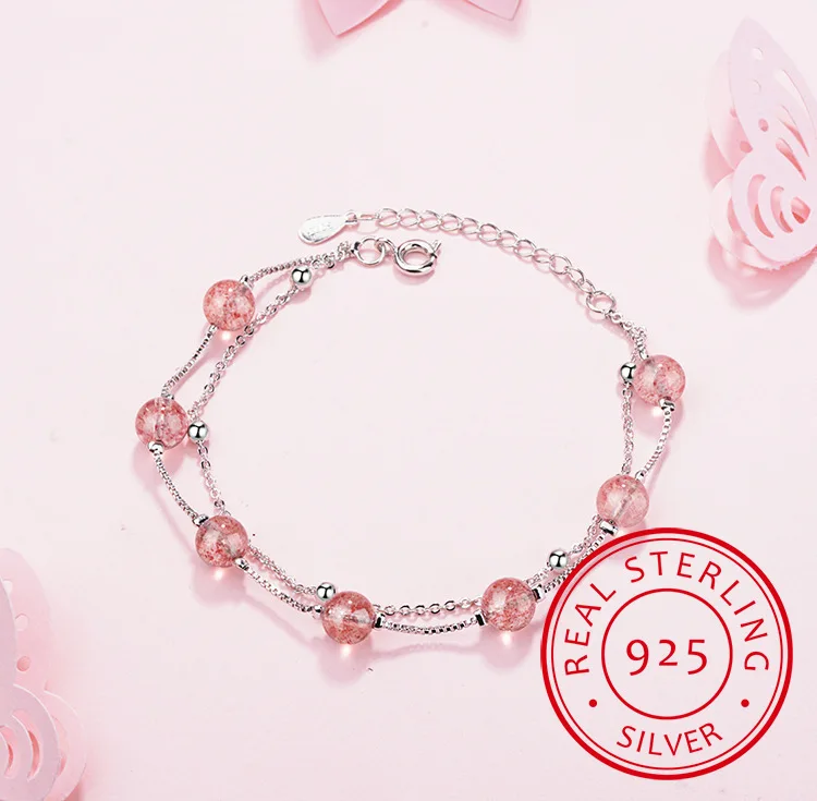

Two Layer Strawberry Natural Crystal Bracelets For Women Gifts 6mm Beads With Trendy 925 Sterling Silver Fine Jewelry
