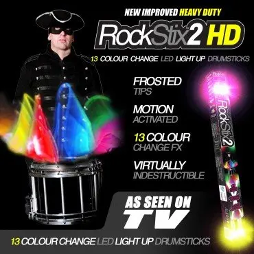 Rockstix 2 HD 13 изменение цвета, мост светодиодный светильник барабанные палочки, 13 удивительных изменений цвета, с эффектом выцветания, установите свой Гиг в огне