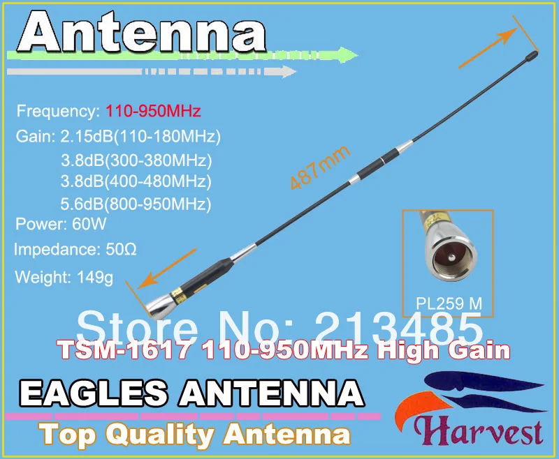Pl259-m урожая tsm-1617 высокого усиления 50 Вт 110-950 мГц Телевизионные антенны для Мобильное радио станции/автомобиля Радио