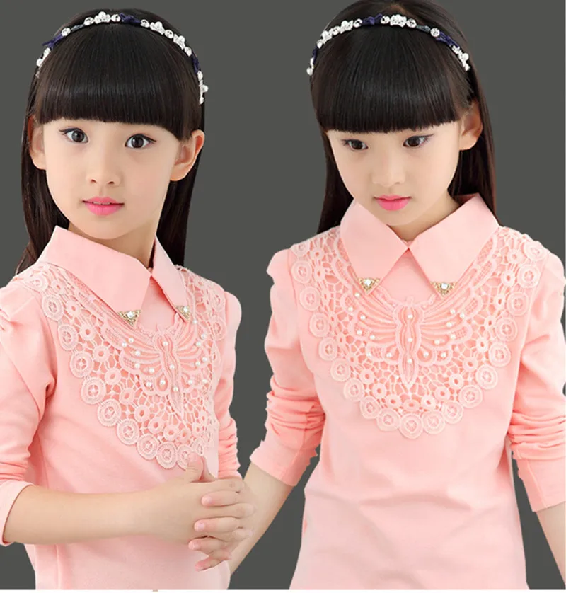 School Girls Blouse Shirts New Spring Fashion Kids Solid Turn-Down Lace Flower Blouses High Quality Children Cotton Clothes