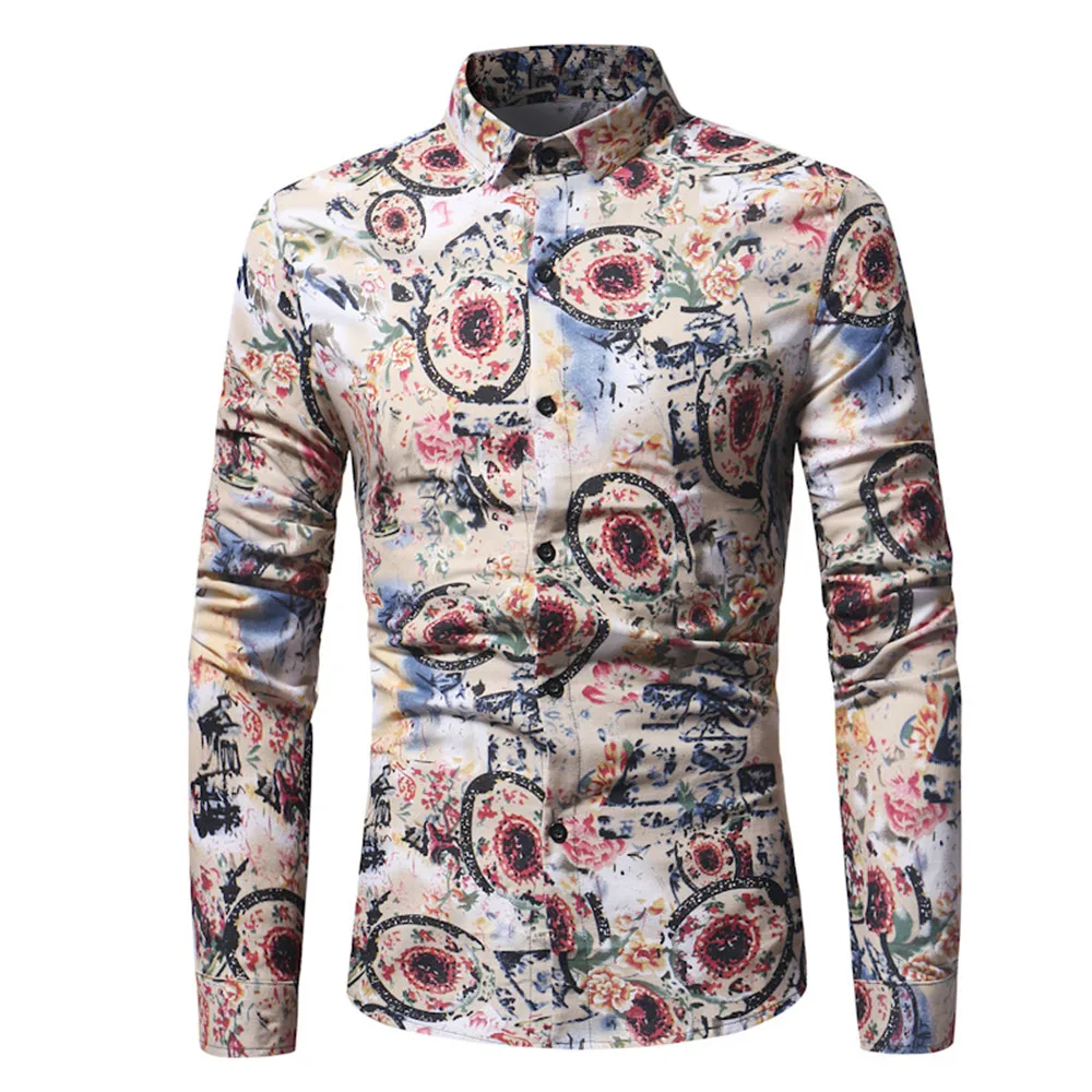 Flowers Print Vintage Men Shirt Khaki Floral Printed Blouse Fashion ...