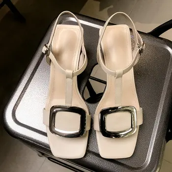 

Women leather T-strap high heel sandals woman comfort Dress Party summer sandals ladies cowhide shoes Beige Apricot White