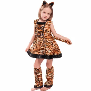 

Kids Halloween Costume Carnaval Purim Festival Animal Tiger Girls Cosplay Dress+Headband+Leg Warmer 3PCS/Set For Girls