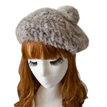 Женский Зимний вязаный берет из натурального меха кролика головной убор художника Pom FRH004