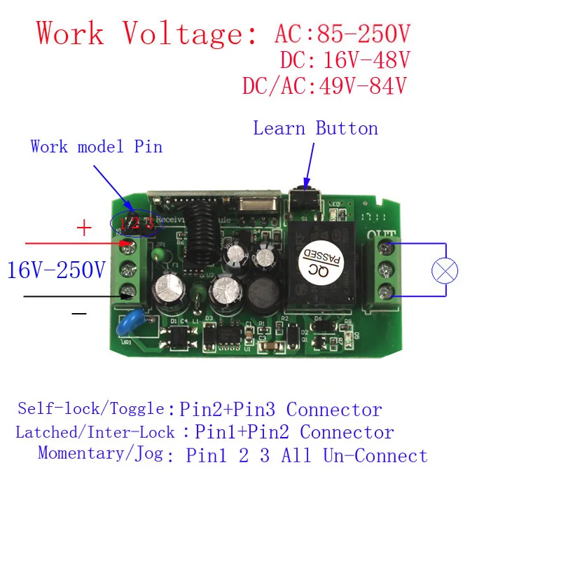 110V 220V 85-250V 2-Key Wall Panel Control Wireless Lights Switch Receiver Relay-2 (2)